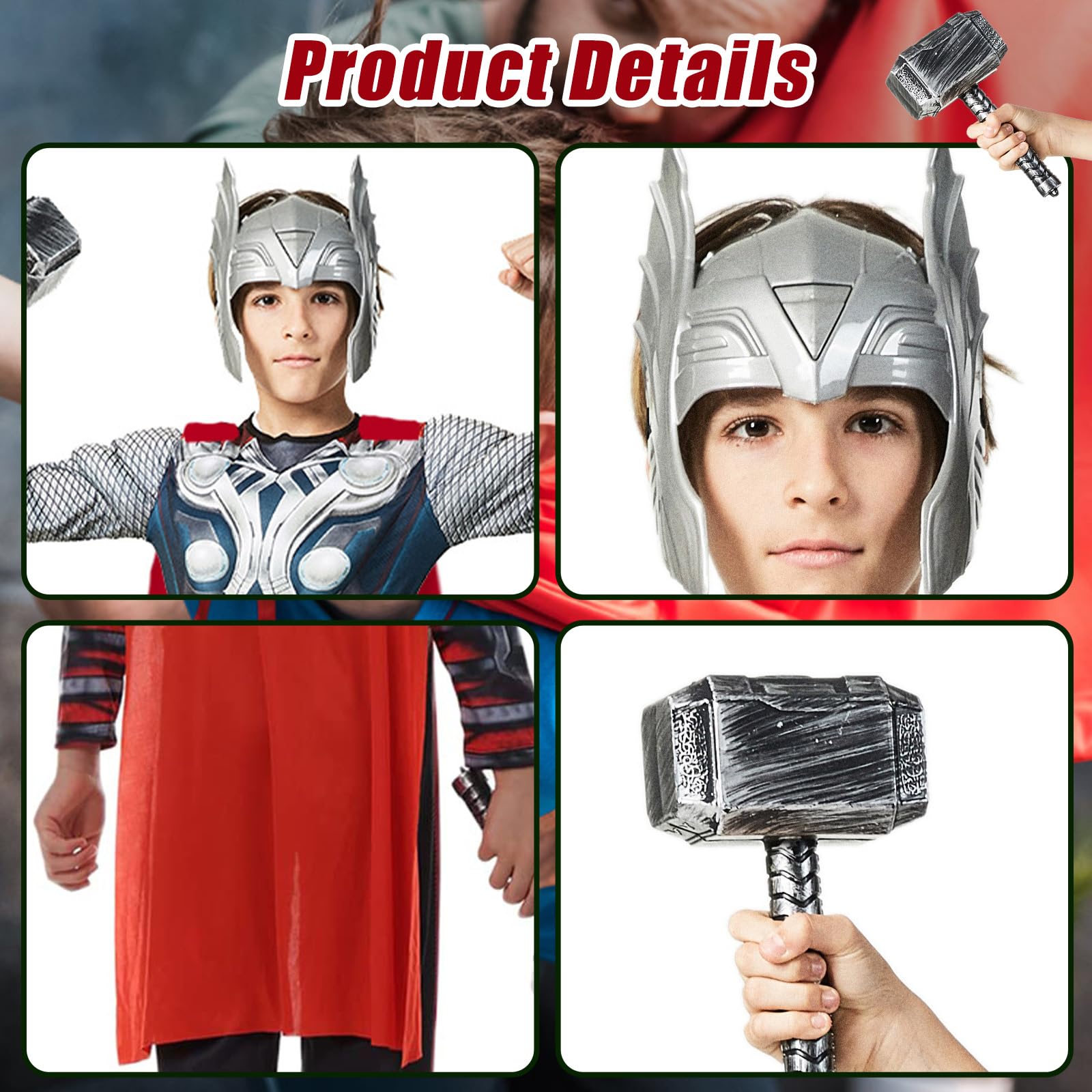 EJWCIG Kids Super Hero Costume Muscle Suit with Helmet Red Cape Jumpsuit Hammer Outfit 4 PCS Sets Suit Halloween Party Cosplay Props (S(43-47inch)