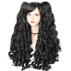 ANOGOL Hair Cap+ Black Cosplay Wig With Clip-on Ponytails Long Curly Wigs with Bangs for Halloween Costume Party Girls Women 2 Curly Pigtails Black Lolita Cosplay Wigs