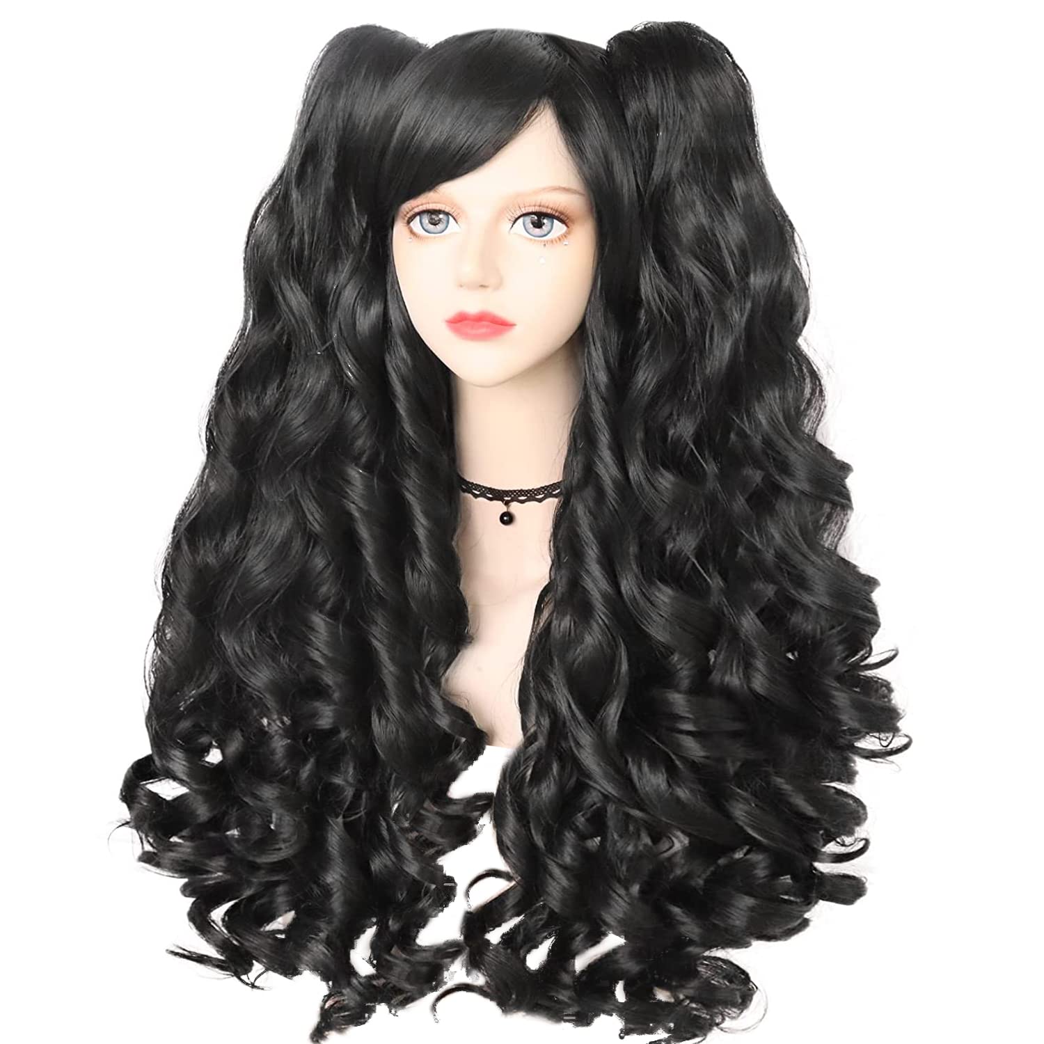 ANOGOL Hair Cap+ Black Cosplay Wig With Clip-on Ponytails Long Curly Wigs with Bangs for Halloween Costume Party Girls Women 2 Curly Pigtails Black Lolita Cosplay Wigs