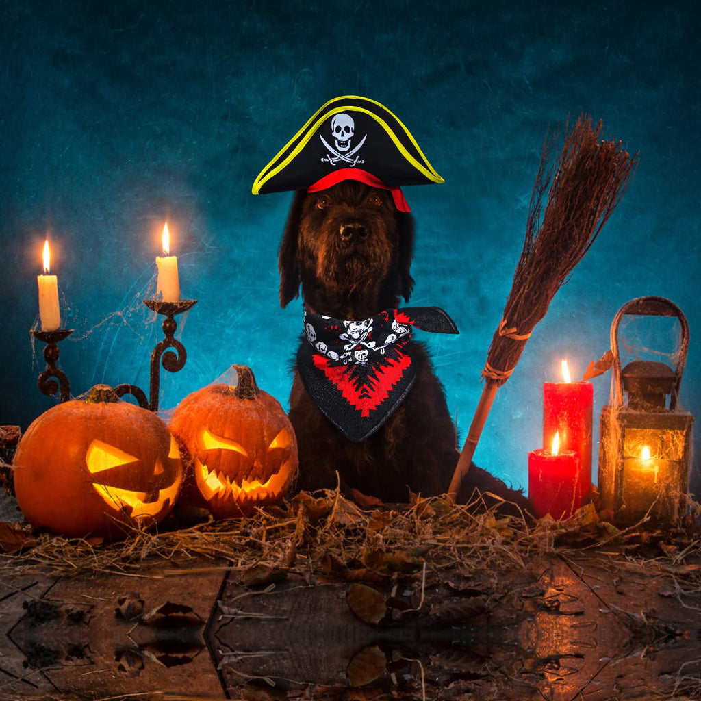 Aichiyu 2 Pieces Skull Print Pet Pirate Hat with Pirate Skull Bandana Dog Cat Captain Cap Halloween Pirate Cosplay Costume Halloween Party Hat Dress Up Costume Accessories (C)
