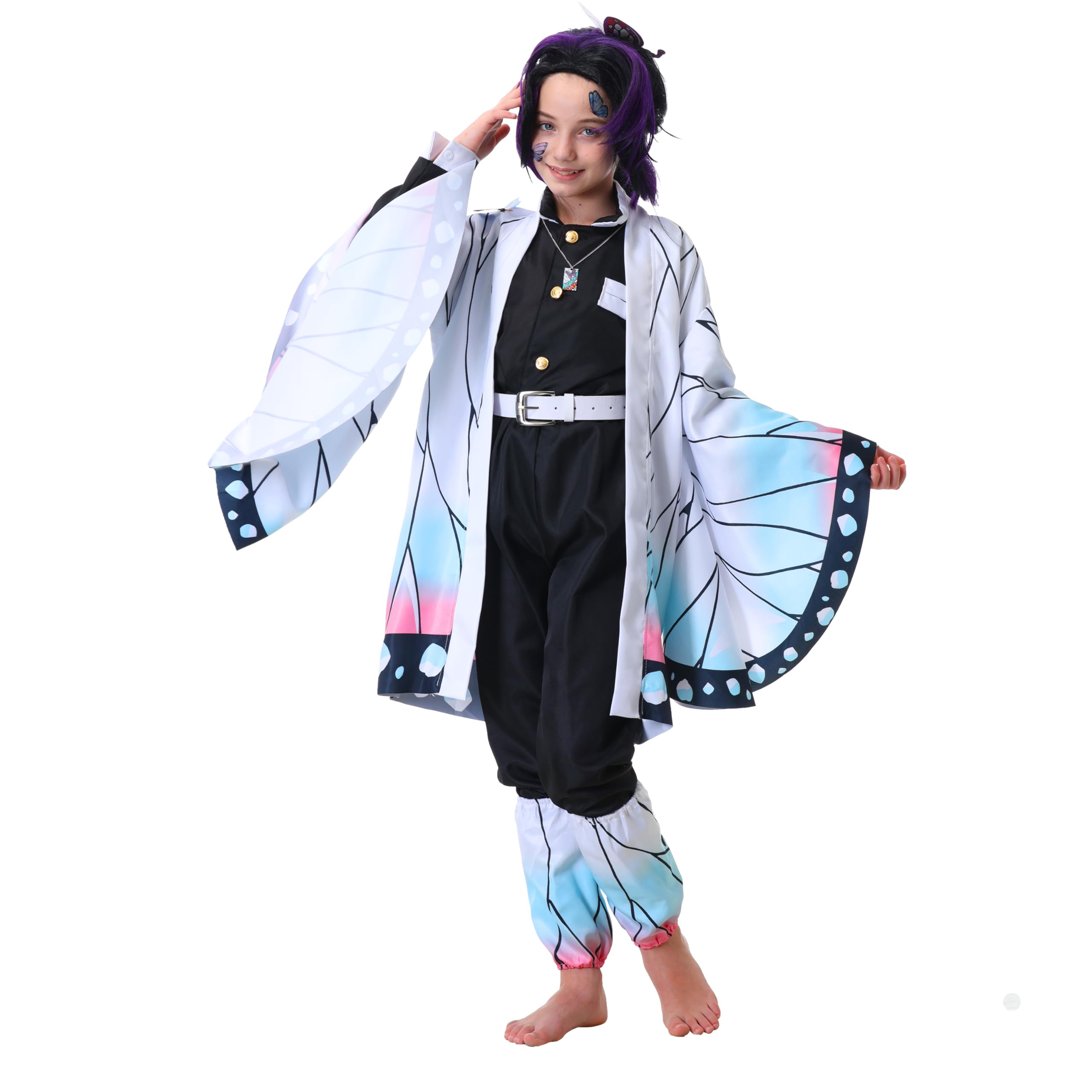 Powzaty Anime Cosplay Costume Kimono Full Set Adult Girls Robe Cloak Costume Set Halloween Kimono Outfit Cosplay with Wig (Butterfly Set, Kids 140)