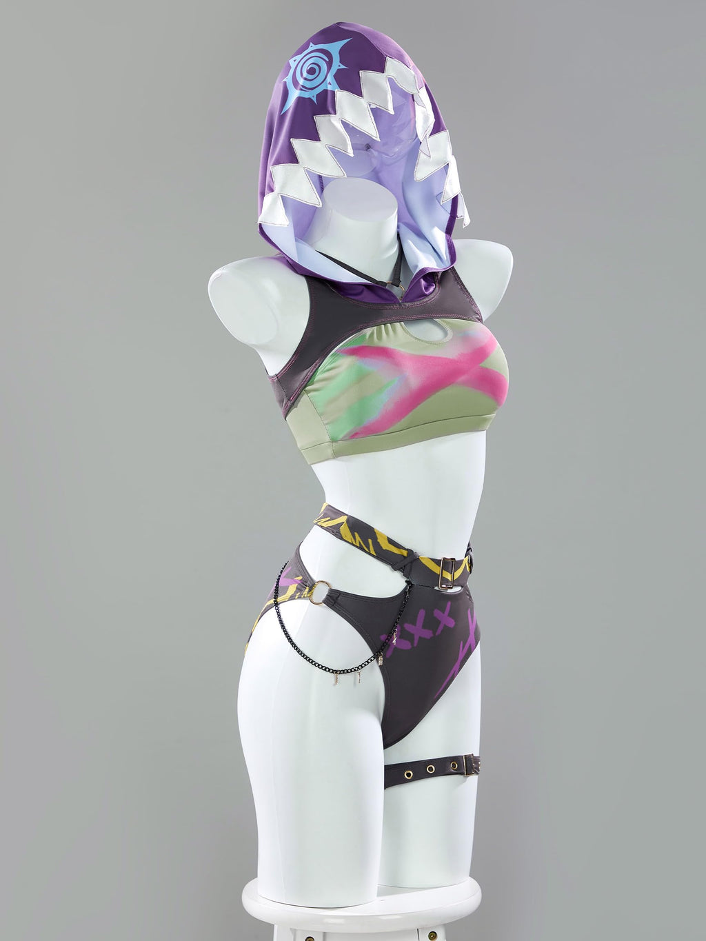 haikyuu Women Gothic Swimsuit Goth Bikini Set Cosplay Bathing Suit Halter with Hood and Sleeves (US, Alpha, X-Large, Regular, Regular, Standard, Multicolored)