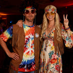 70s Outfits for Men - 10 Pcs Hippie Costume with Tie Dye Shirt, Fringe Vest & Accessories,60s/70s Retro Party Clothes