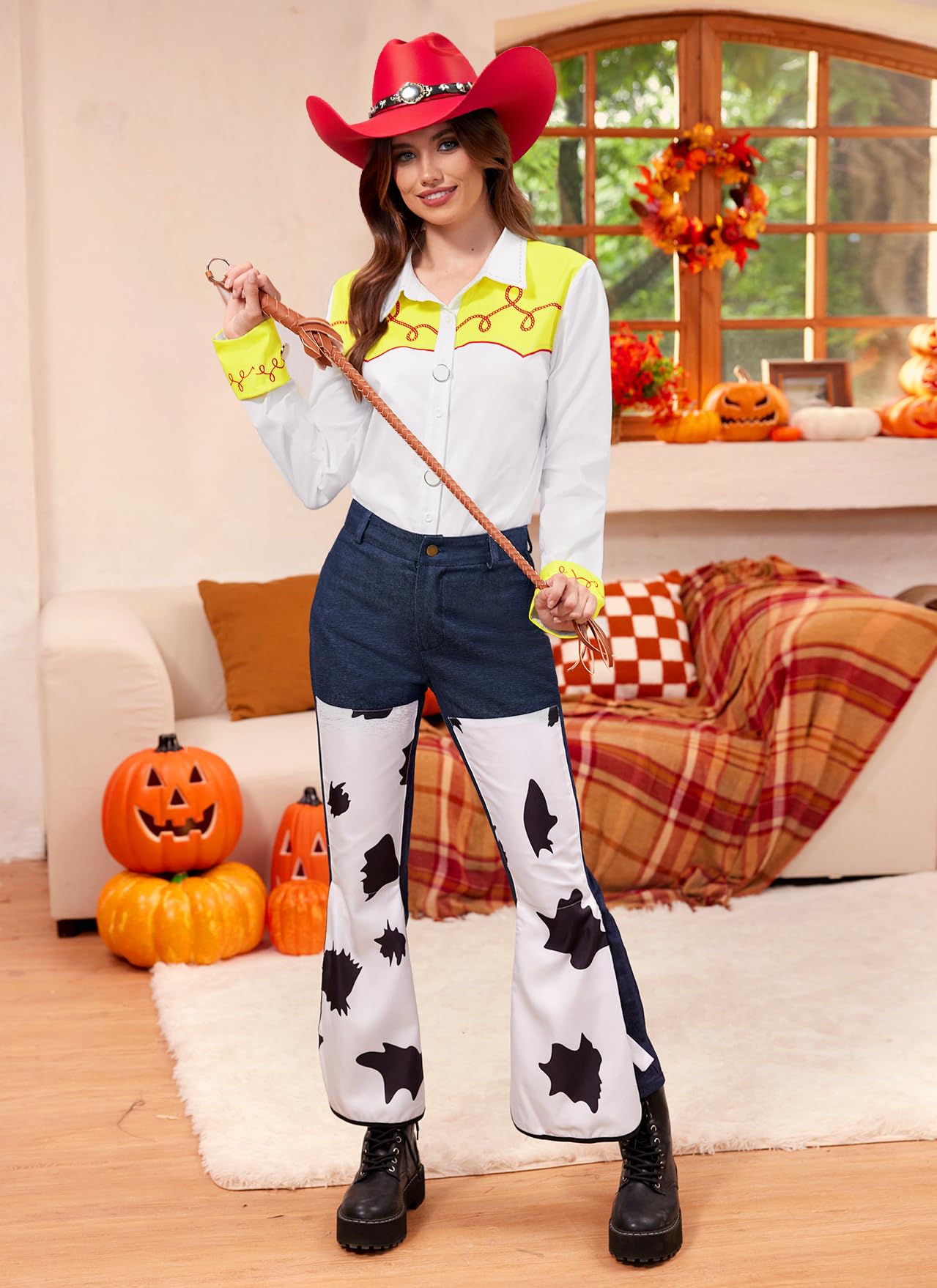 Halloween Women Cowgirl Jesie Costume Button Down Shirt Long Sleeve Western Woven Classic Yellow and White Top M