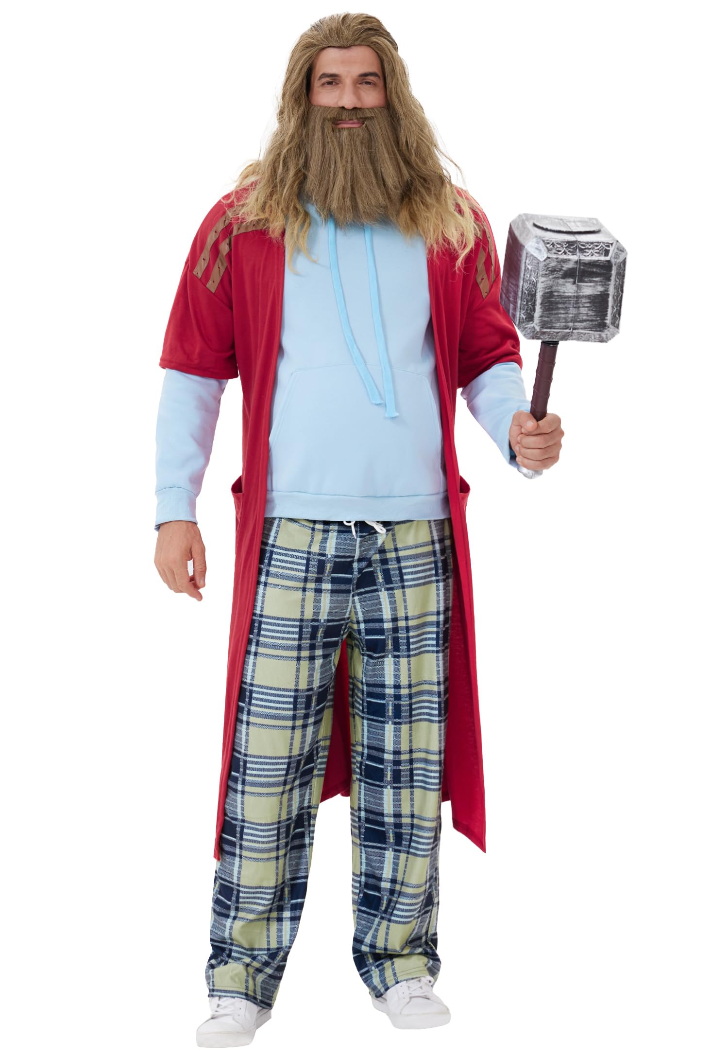 Arvilhill 4 Pcs Fat Thor Beer Belly Costume Set for Adult Men Hoodie Overalls Full Outfit with Sweatshirt Pant Robe Gloves Halloween Funny Comedy Movie Night Theme Party S