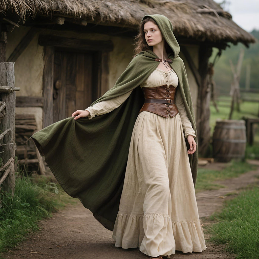 L'VOW Medieval Hooded Cloak Renaissance Cape with Hood Women Men Vintage Sorcerer Capelet for Halloween Cosplay Costume(Army Green)