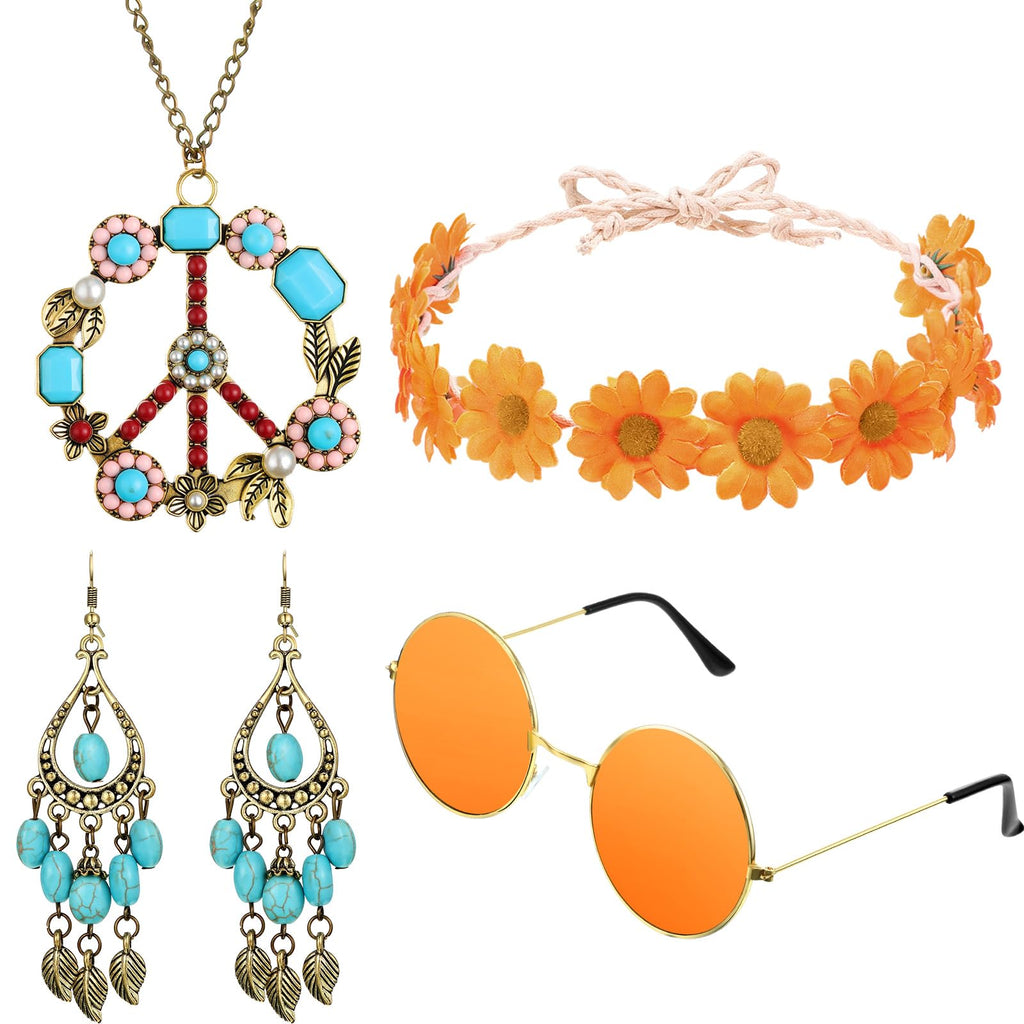 Hicarer Hippie Costume Accessories Include Sunglasses, Peace Sign Necklace, Boho Headband and Earring for 60s 70s Party