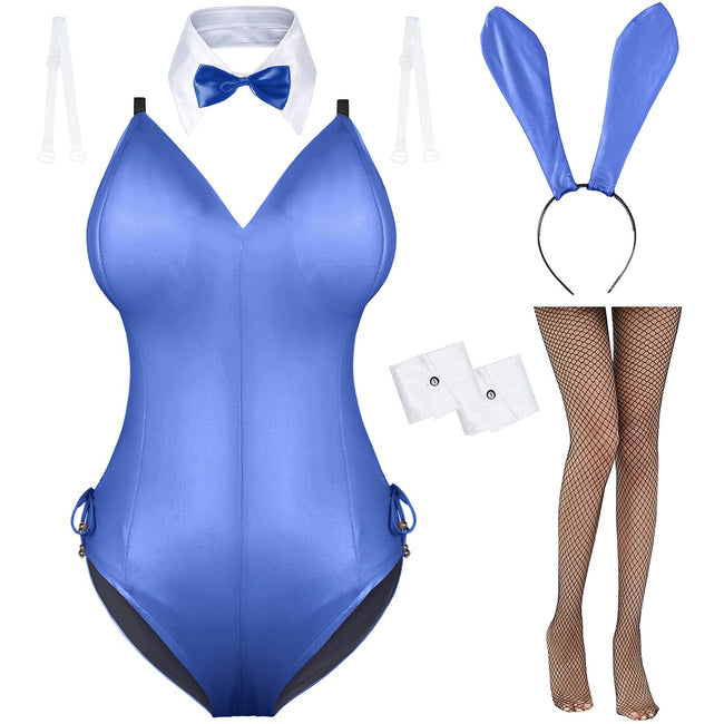 Womens Bunny Costume Girl Suit Senpai Cosplay Anime Role Costume One Piece Bodysuit Removable Padded with Stockings Set(Blue M) Hover Image