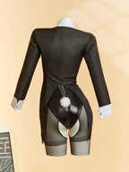 Cosplay.fm Women Dress Up Cosplay Costume Black Bunny Bodysuit and Coat with Stockings and Bunny Ear Headband (Black, S)