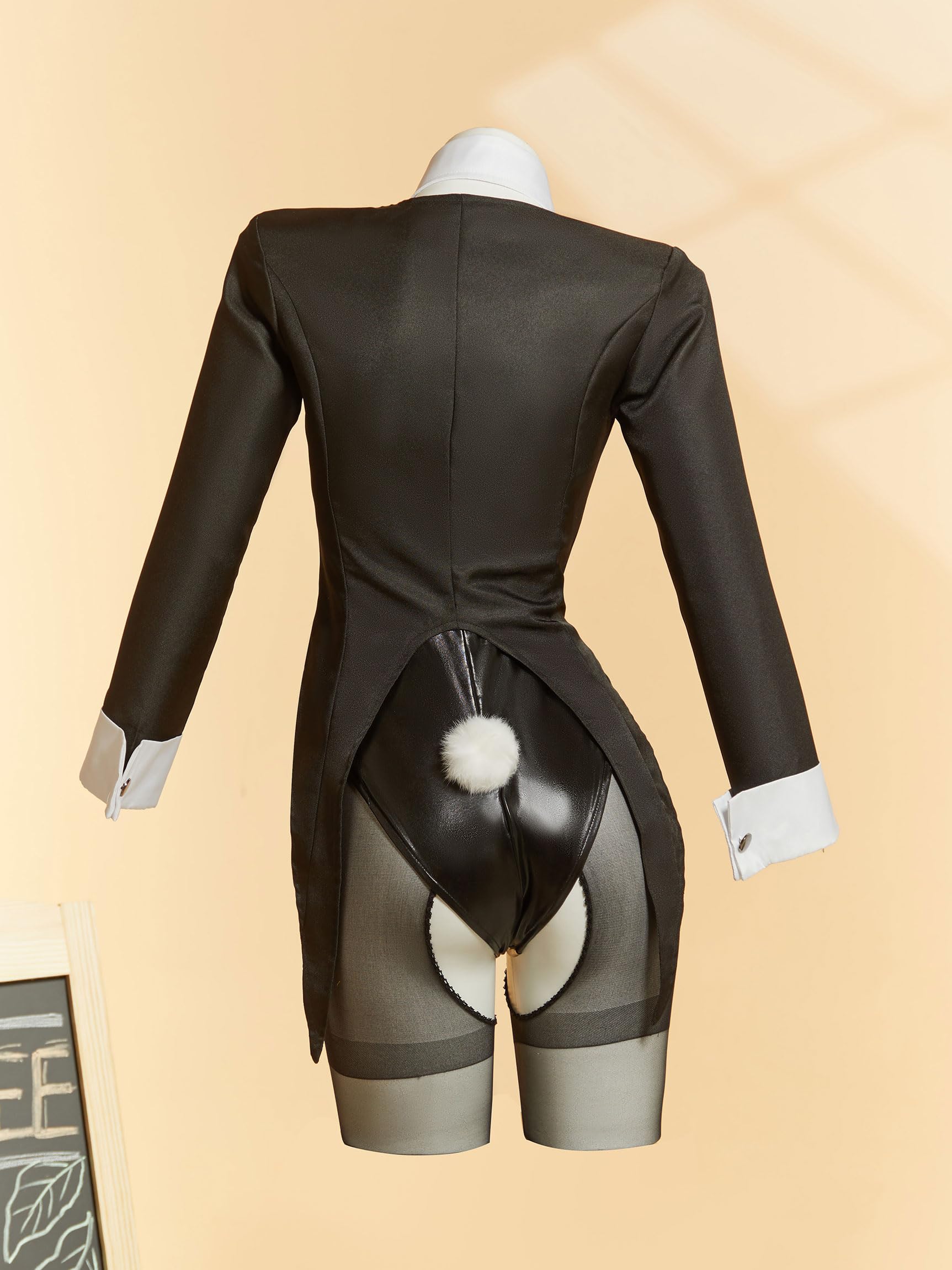 Cosplay.fm Women Dress Up Cosplay Costume Black Bunny Bodysuit and Coat with Stockings and Bunny Ear Headband (Black, S)