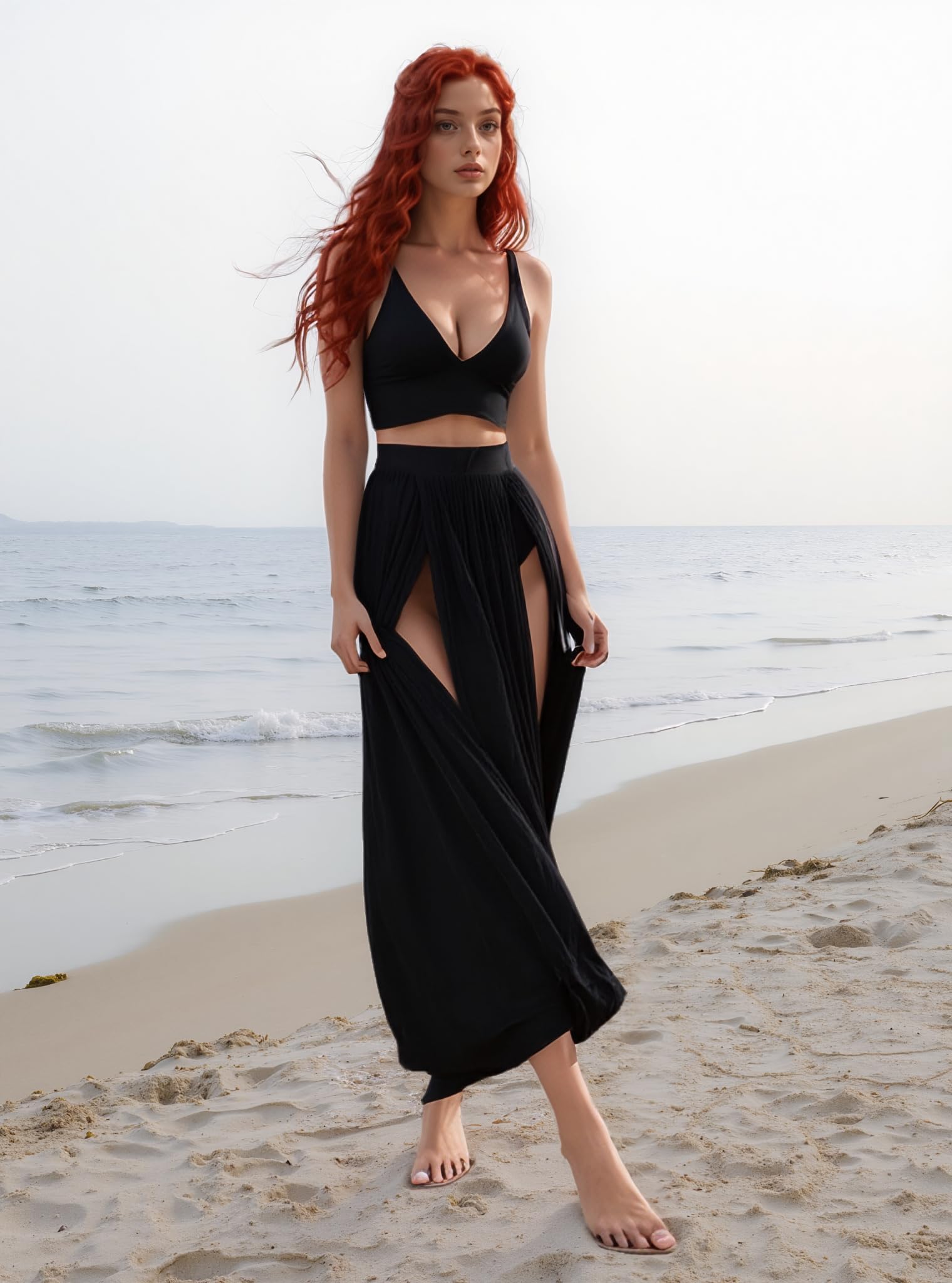 Women Sexy 2 Piece Outfits Dress Chiffon Strap Deep V Neck Bra Crop Top High Split Maxi Dresses Skirt Set Black XL