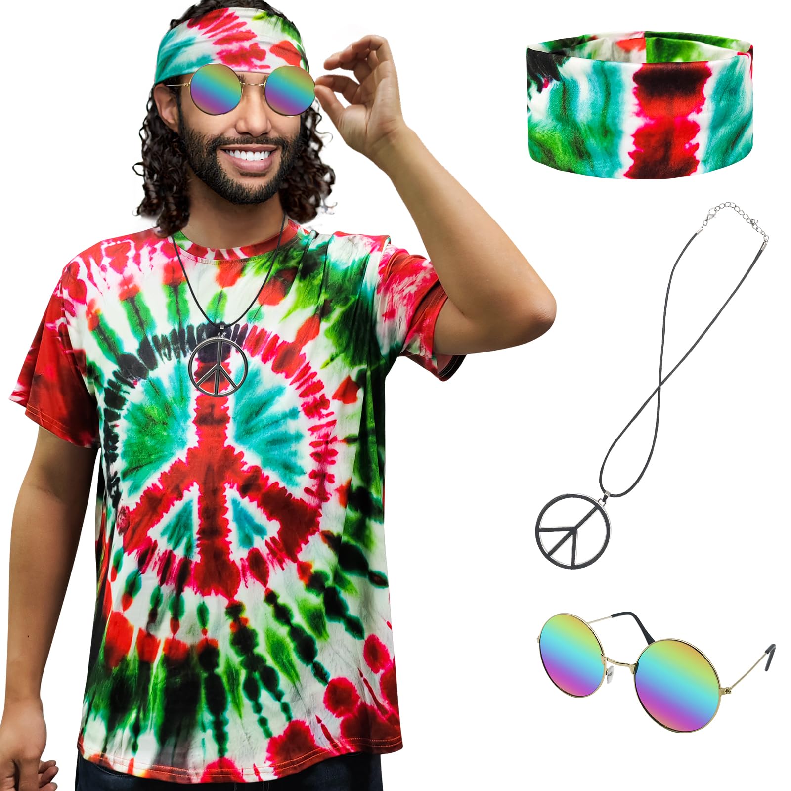 Hippie Costume for Men Women 60s and 70s colorful T-shirt sunglasses headband Peace necklace 4-piece theme party
