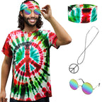 Hippie Costume for Men Women 60s and 70s colorful T-shirt sunglasses headband Peace necklace 4-piece theme party