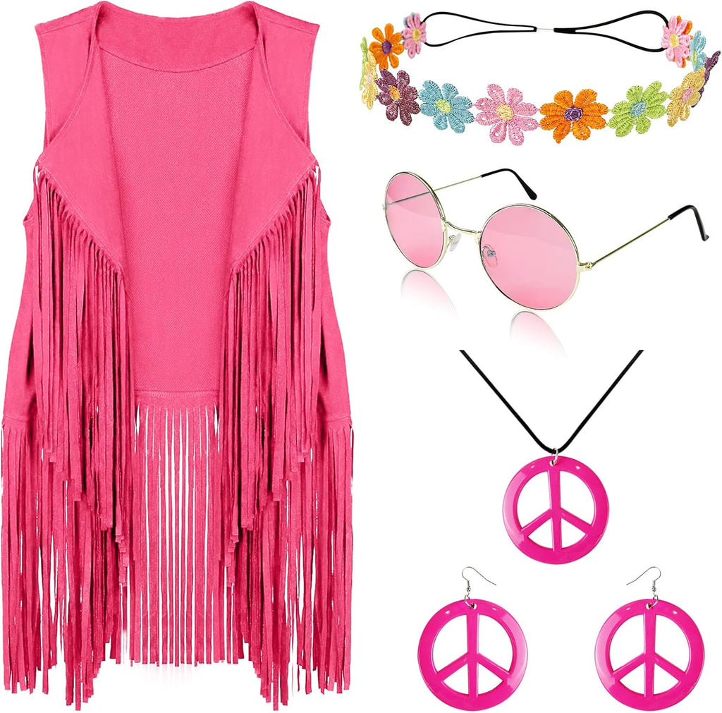 FunMular 60s 70s Outfits for Women Disco Hippie Costume Clothes Woman Peace Sign Earring Headband Fringe Vest Tassel Cardigan
