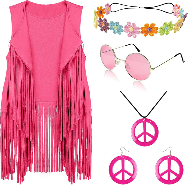 FunMular 60s 70s Outfits for Women Disco Hippie Costume Clothes Woman Peace Sign Earring Headband Fringe Vest Tassel Cardigan Hover Image
