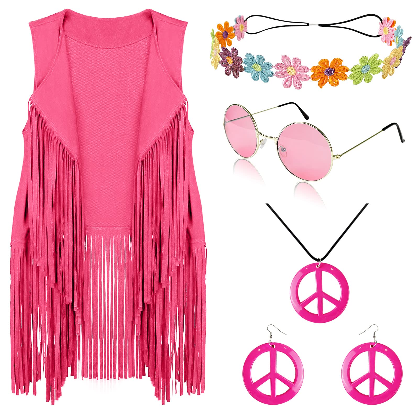 FunMular 60s 70s Outfits for Women Disco Hippie Costume Clothes Woman Peace Sign Earring Headband Fringe Vest Tassel Cardigan