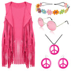 FunMular 60s 70s Outfits for Women Disco Hippie Costume Clothes Woman Peace Sign Earring Headband Fringe Vest Tassel Cardigan