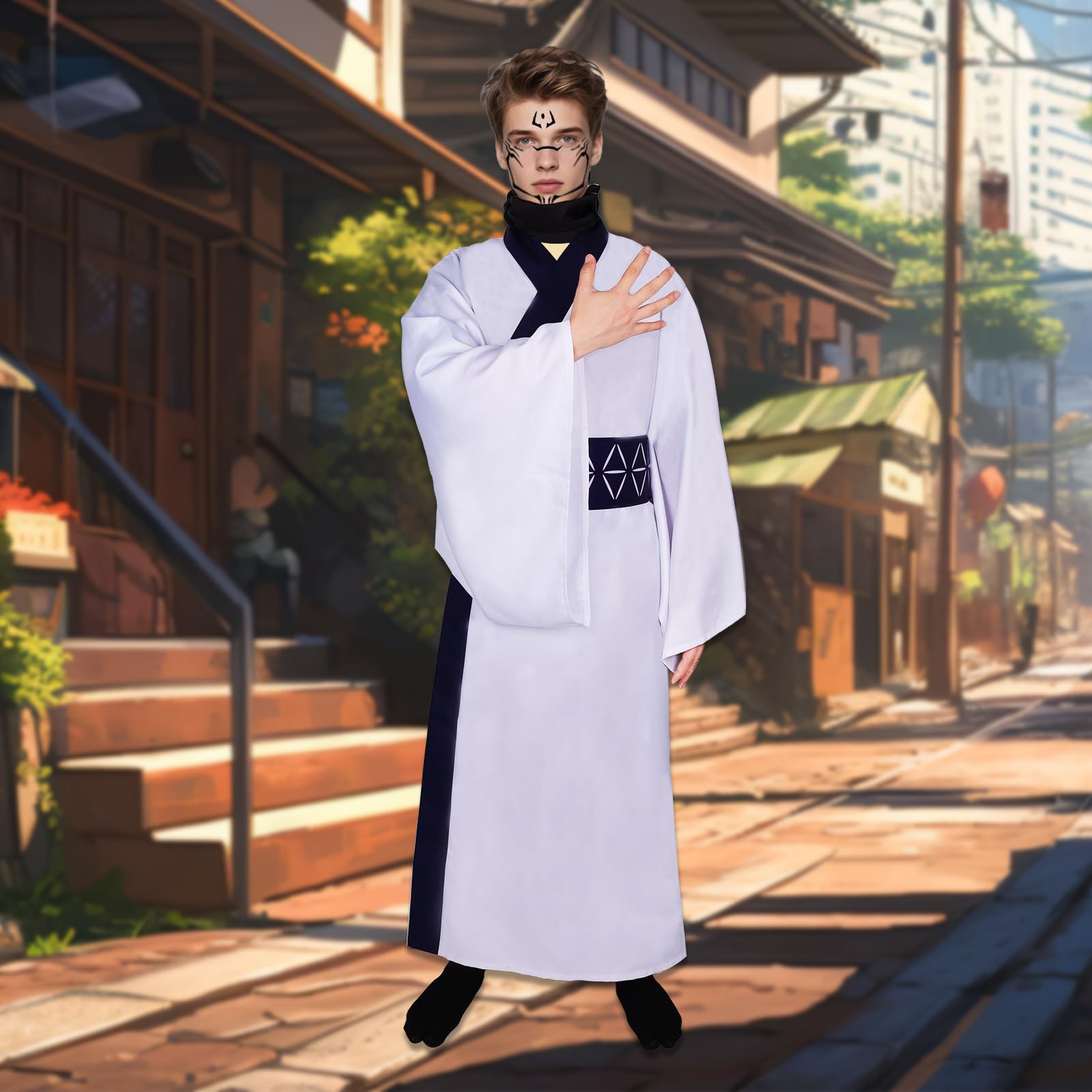 yyleasar Ryomen Sukuna Kimono Halloween Outfit Anime Cosplay Costume Men Robe Uniform Full Set for Dressing With socks obi sticker wig (S)