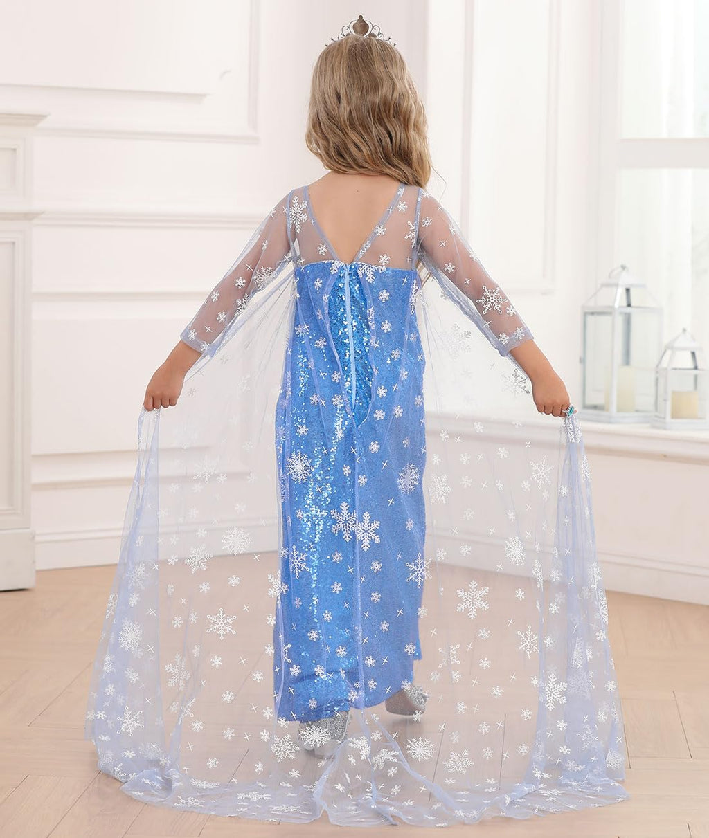 Luzlen Snow Princess Dress for Girls Toddler Queen Costume Halloween Christmas Cosplay Birthday Party Outfits Kids Blue, 3-4T(Tag 110)