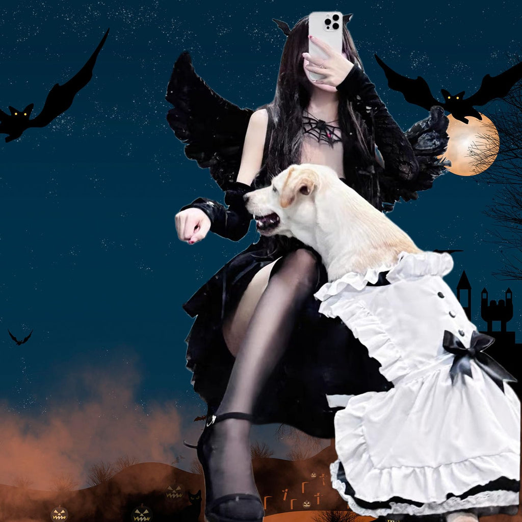 FLAdorepet Large Dog Dress Maid Costume with Headband,Halloween Lolita Costume Outfits for Extra Large Breed Dogs Girl,Puppy Christmas Holiday Wedding Princess Dress (Black, Large(Fit 40-50LBS))