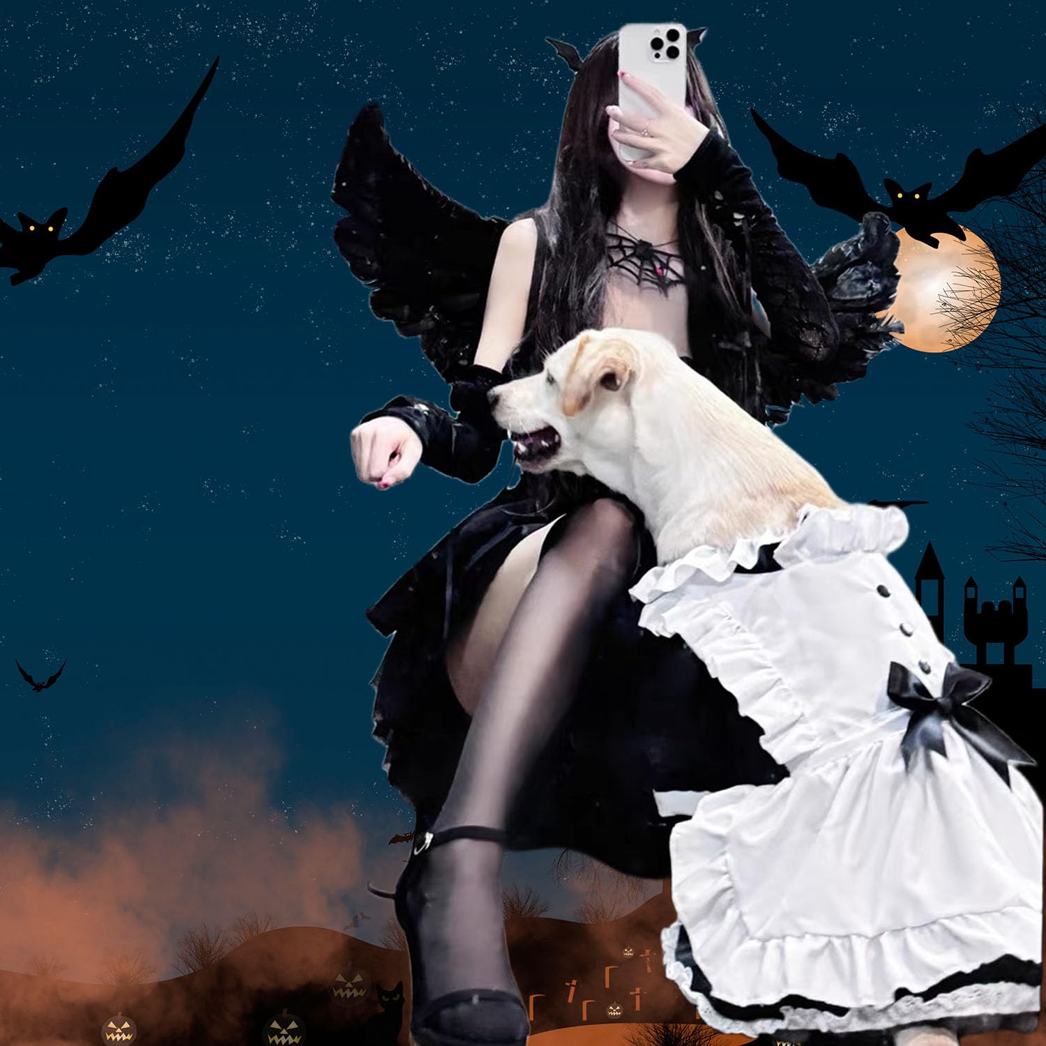 FLAdorepet Large Dog Dress Maid Costume with Headband,Halloween Lolita Costume Outfits for Extra Large Breed Dogs Girl,Puppy Christmas Holiday Wedding Princess Dress (Black, Large(Fit 40-50LBS))