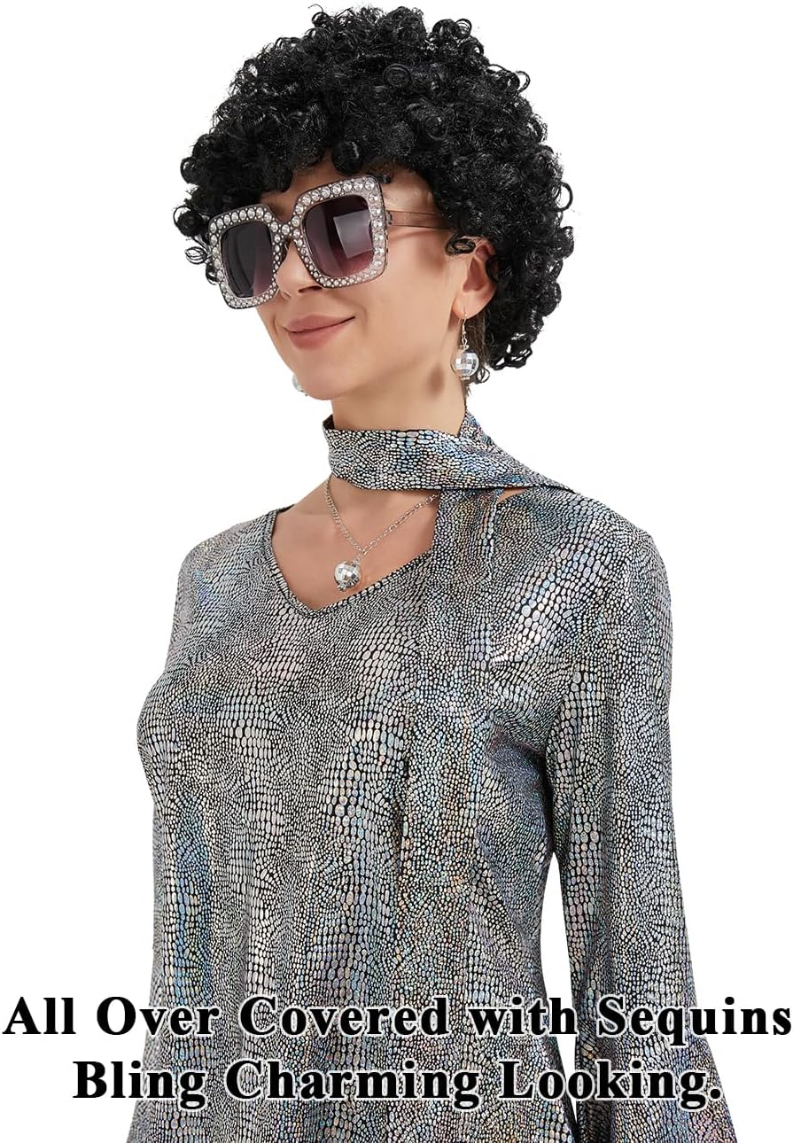 Women 70s Disco Costume 8 PCS Disco Outfit for Halloween Cosplay Party