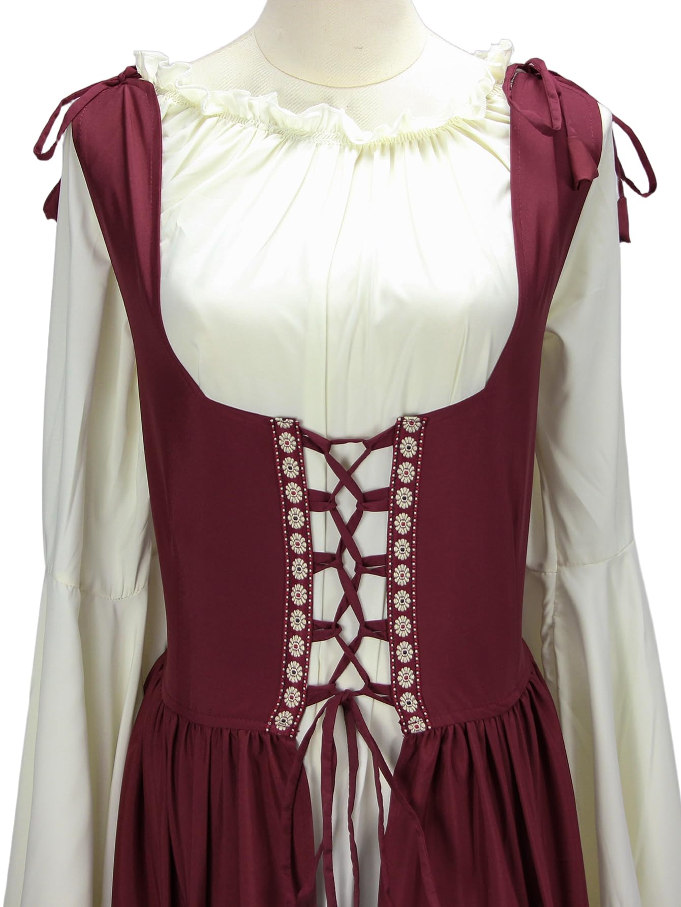 Abaowedding Womens's Medieval Renaissance Costume Cosplay Chemise and Over Dress Large/X-Large Burgundy and Ivory