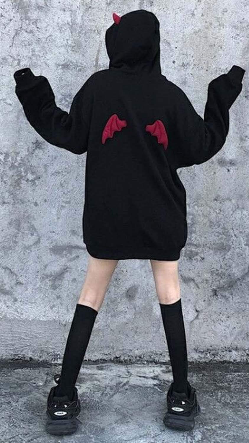 kydely Womens Devil Wings Red Horn Sweatshirt Long Sleeve Hoodie Pullover Hooded Tops, Black, Medium