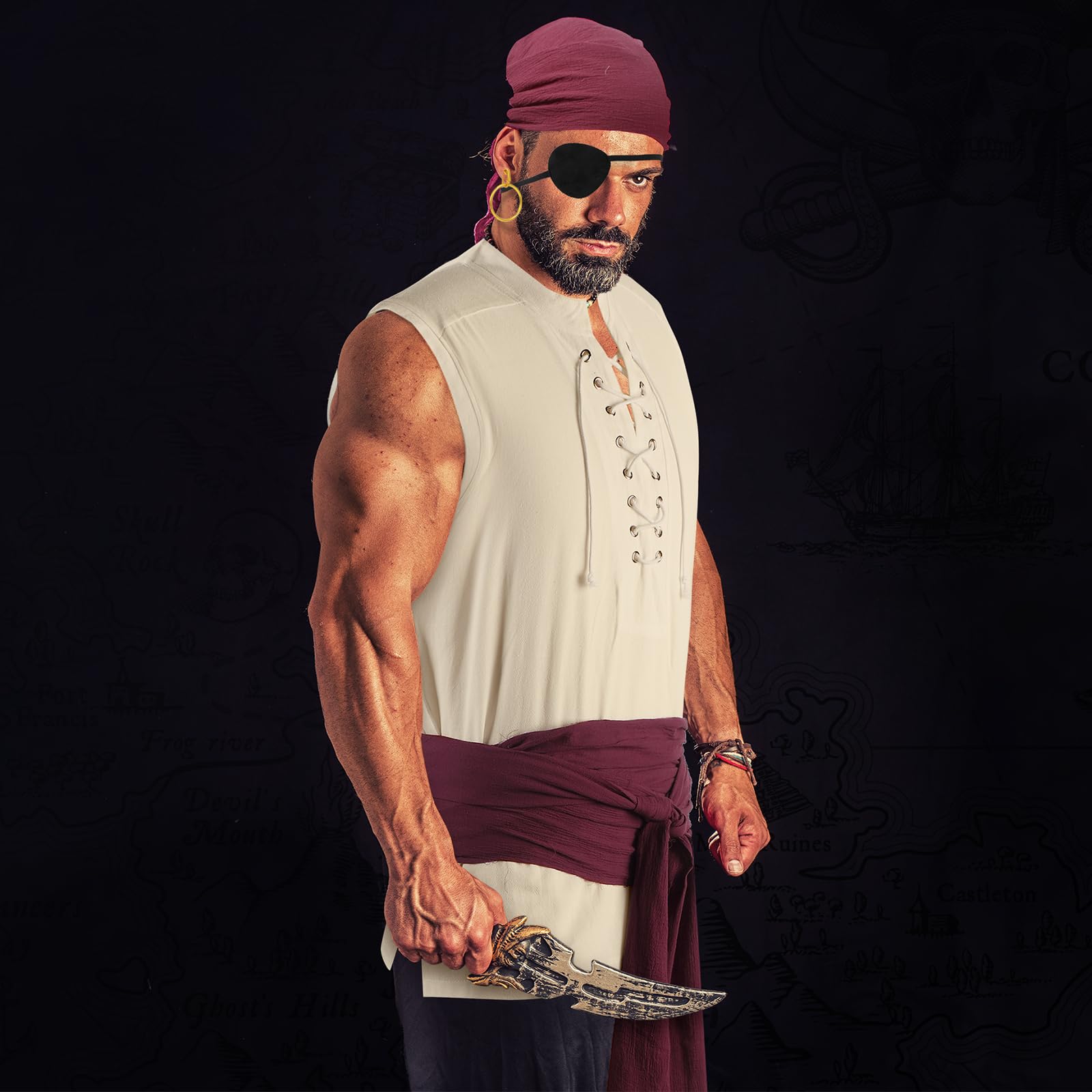 Boyiee 5 Pcs Men Pirate Costume Set for Women Adult Medieval Renaissance Shirt Bandana Sash Belt for Halloween Cosplay Party(Apricot,XL,Retro)