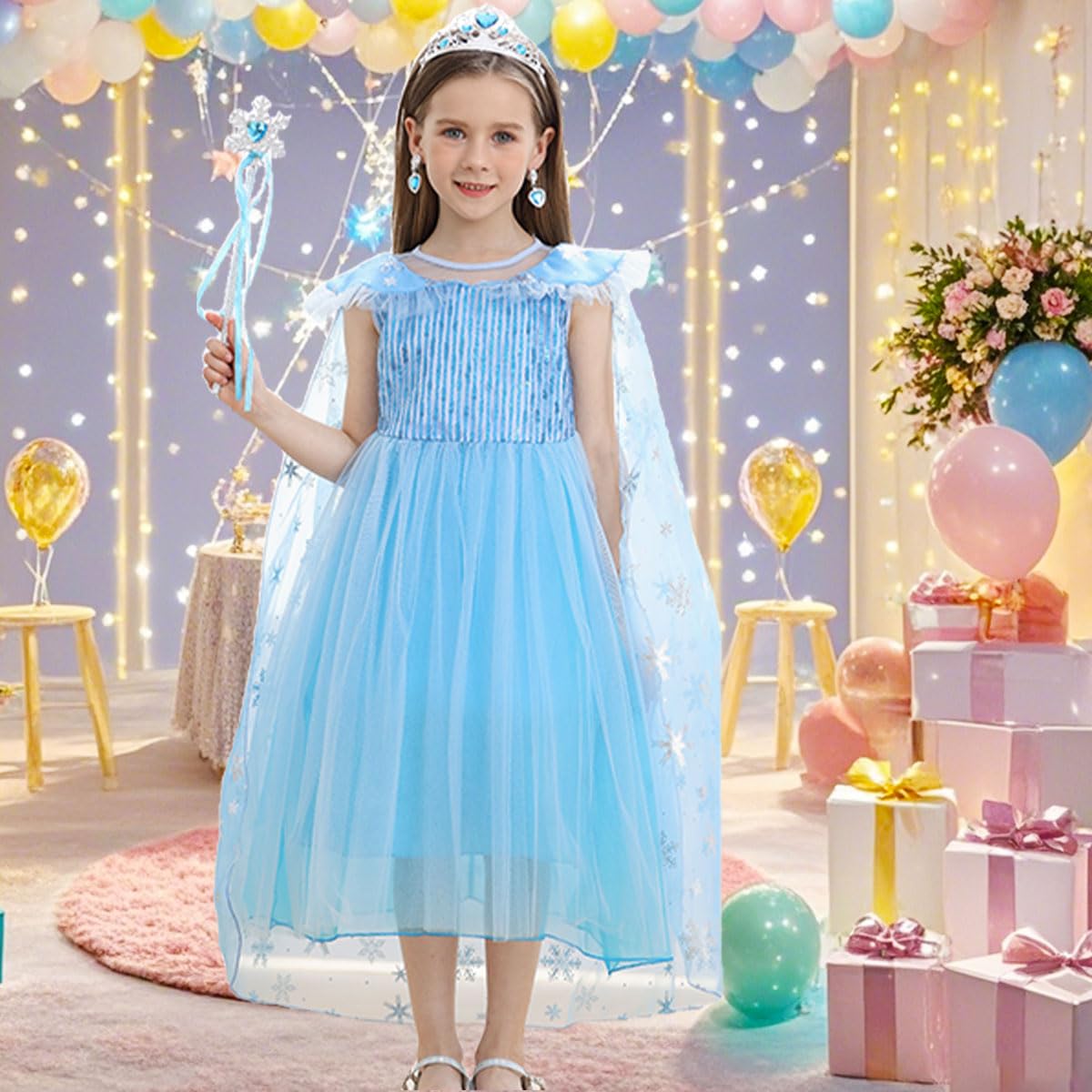 iTVTi Little Girl Princess Dress Halloween Carnival Cosplay Costume with Accessories Blue, 3-4 Years (Tag 110)