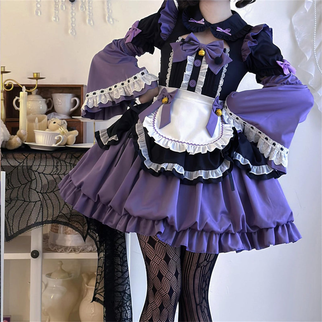 Cuteighteen Women Lolita Princess Dress Kawaii Bow Decor Apron Maid Outfit Fancy Anime Party Cosplay Costume (Black Purple, Medium)
