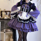 Cuteighteen Women Lolita Princess Dress Kawaii Bow Decor Apron Maid Outfit Fancy Anime Party Cosplay Costume (Black Purple, Medium)