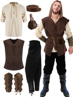 Suhine 6 Pcs Men's Halloween Renaissance Costume Set Medieval Vest Shirt Ankle Banded Pants Viking Belt Armband Pouch(Classic Color,X-Large)