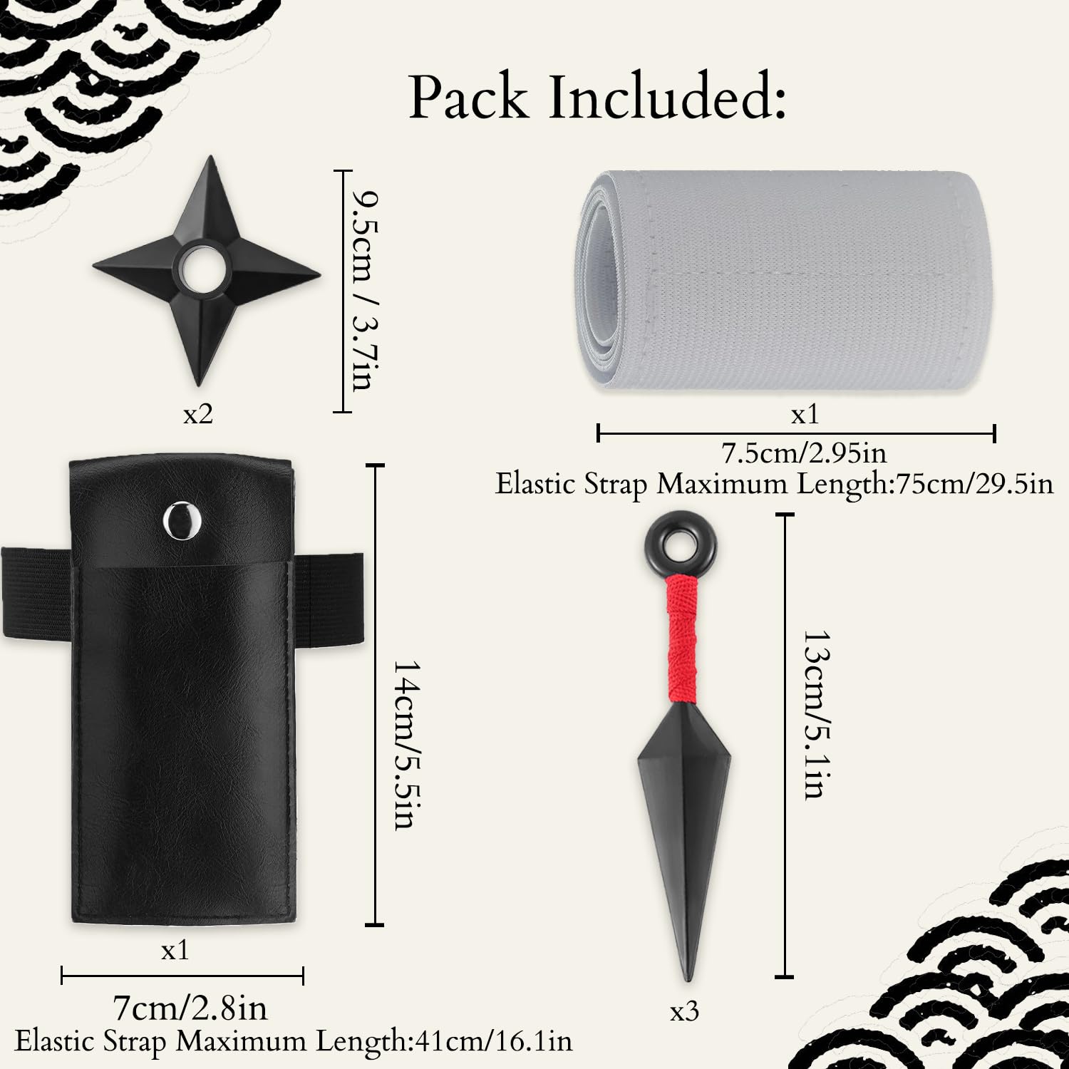 OOHGLITZ 7-Piece Anime Cosplay Kit, ABS Plastic Ninja Kunai (5.1") Throwing Stars/Shuriken(3.5") Toy Set with Pouch and Bandage for Anime Fans, Martial Arts Props Black