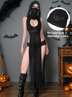 Mingnos Women Goth Rave Dress Sexy Cosplay Costume Cutout High Slit Sheer Festival Outfits Night Out Dresses Black L
