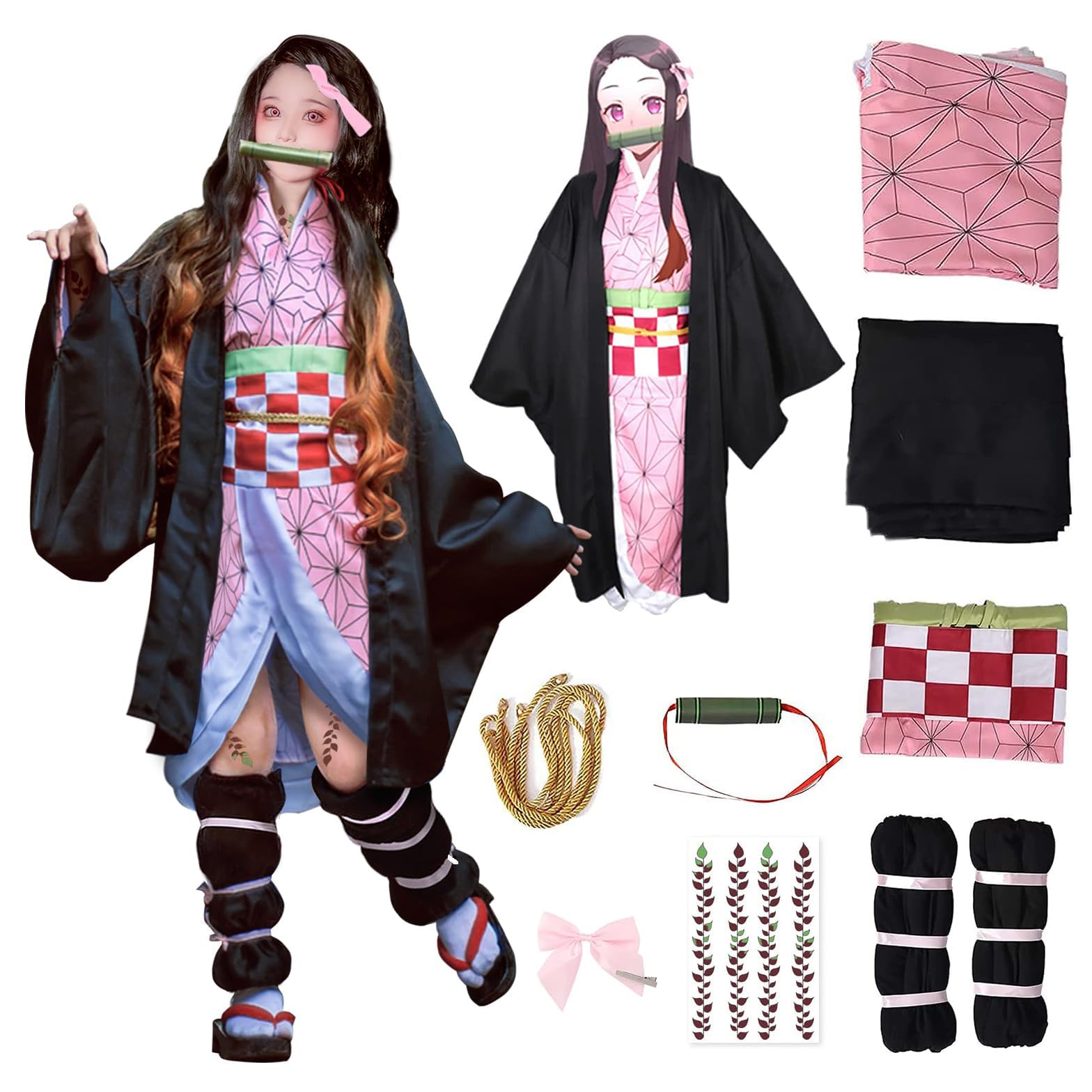 UQJE Kids Kamado Tanjir Cosplay Costumes Anime Tanjir Cosplay Outfit Halloween Kimono Set-M