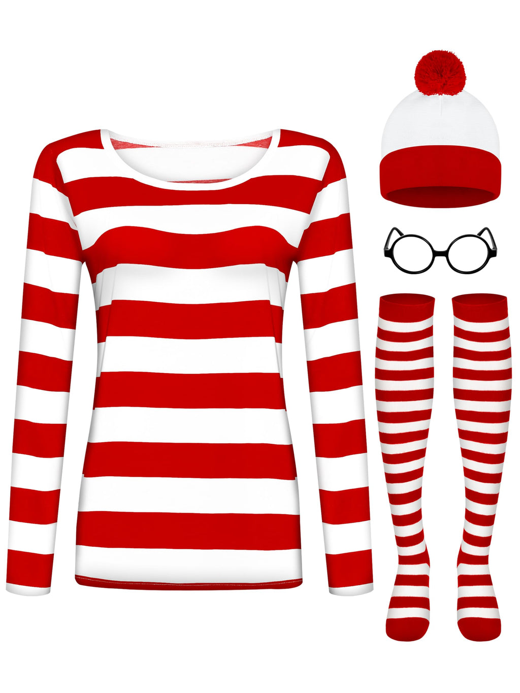 Halloween Costume Set, XXL Halloween Women Cosplay Red White Striped Shirt Beanie Cap Glasses Socks for Halloween Party