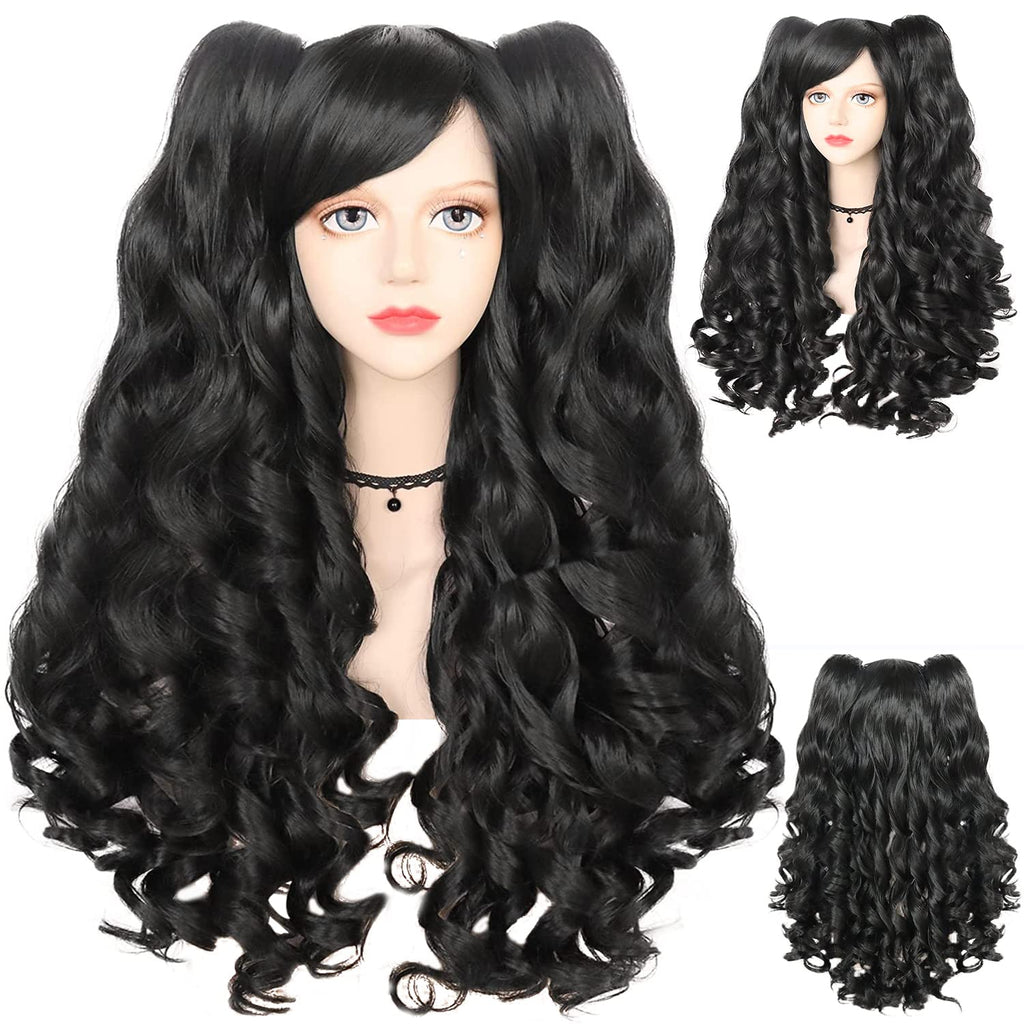 ANOGOL Hair Cap+ Black Cosplay Wig With Clip-on Ponytails Long Curly Wigs with Bangs for Halloween Costume Party Girls Women 2 Curly Pigtails Black Lolita Cosplay Wigs
