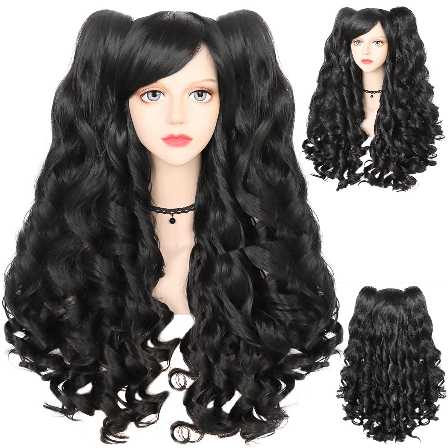 ANOGOL Hair Cap+ Black Cosplay Wig With Clip-on Ponytails Long Curly Wigs with Bangs for Halloween Costume Party Girls Women 2 Curly Pigtails Black Lolita Cosplay Wigs