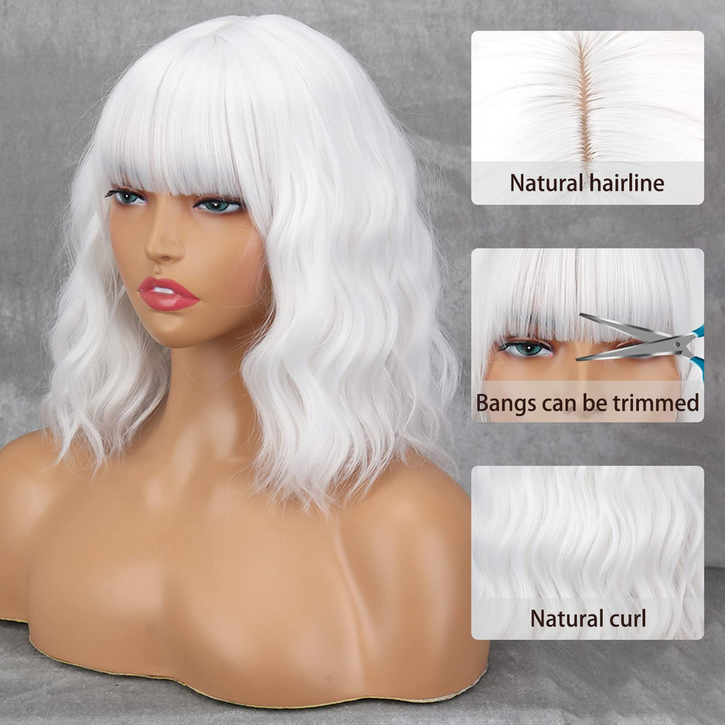MISSQUEEN Short White Wig with Bangs,Wavy White Bob Wigs for Women Synthetic Wavy Bob Shoulder Length Wigs Natural Looking Heat Resistant Fiber hair Wig for Daily Party Cosplay Use