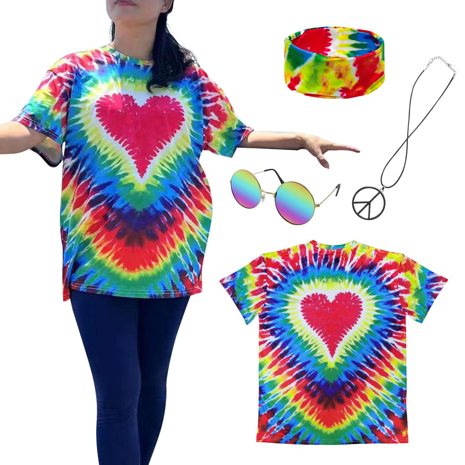 Hippie Costume for Men Women 60s and 70s colorful T-shirt sunglasses headband Peace necklace 4-piece theme party