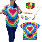 Hippie Costume for Men Women 60s and 70s colorful T-shirt sunglasses headband Peace necklace 4-piece theme party