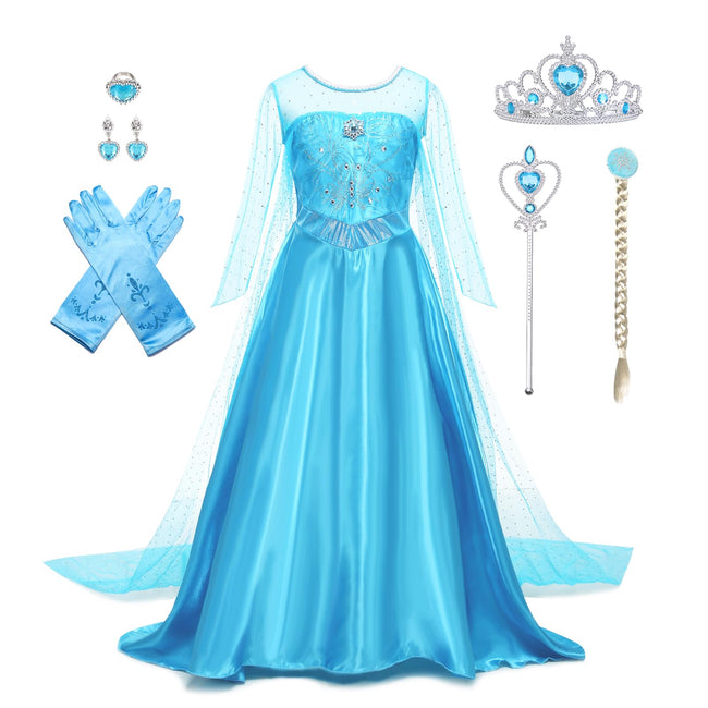AHLPO Elsa Dress for Girls Princess Dress Up Halloween Cosplay Elsa Costume Fancy Dress Birthday Outfit with Accessories Hover Image