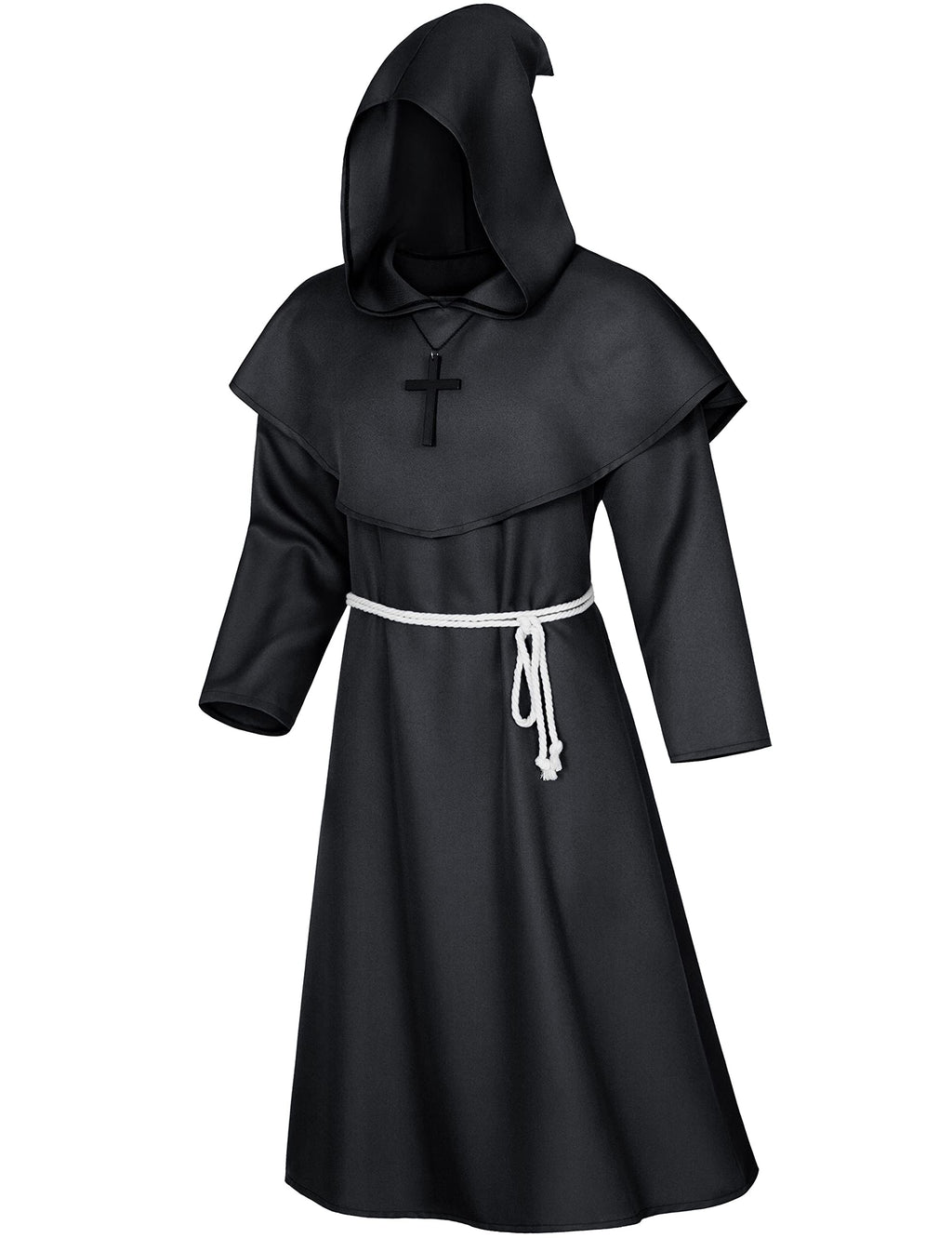 TOKYO REVENGERS Medieval Renaissance Monk Friar Priest Wizard Cloak Hooded Robe Cosplay Belt Necklace Set(Black L)
