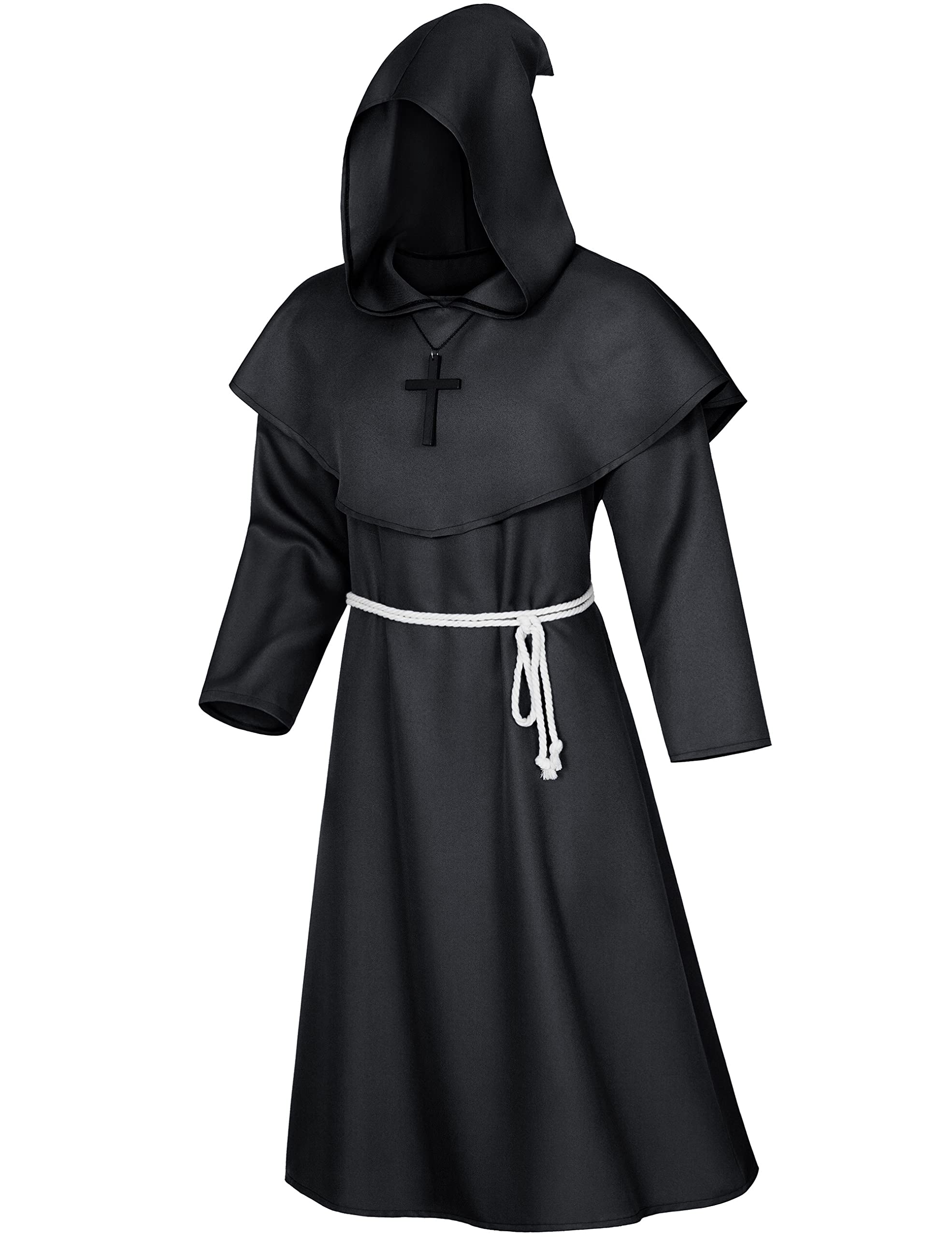 TOKYO REVENGERS Medieval Renaissance Monk Friar Priest Wizard Cloak Hooded Robe Cosplay Belt Necklace Set(Black L)