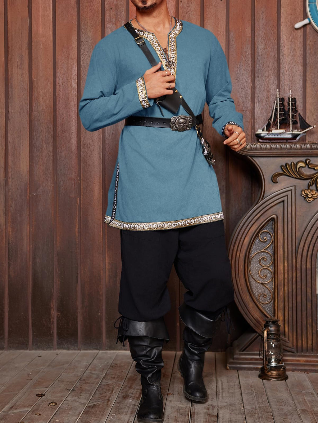 Gafeng Mens Medieval Costume Renaissance Pirate Halloween Viking Tunic Knight Cosplay Warrior LARP Shirts