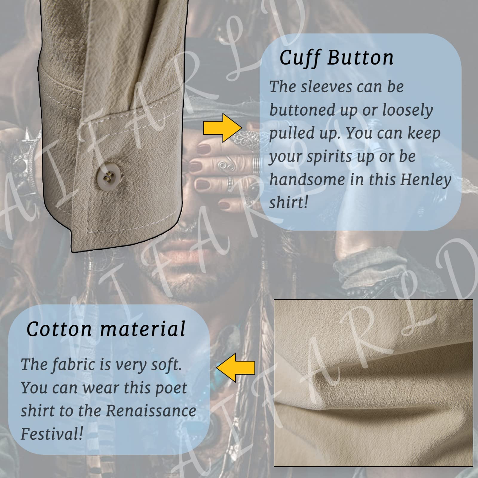 AIFARLD Men's Long Sleeve Shirts Retro Style Lace up for Medieval Viking Hippie Halloween Cosplay Pirate Renaissance Costume Khaki