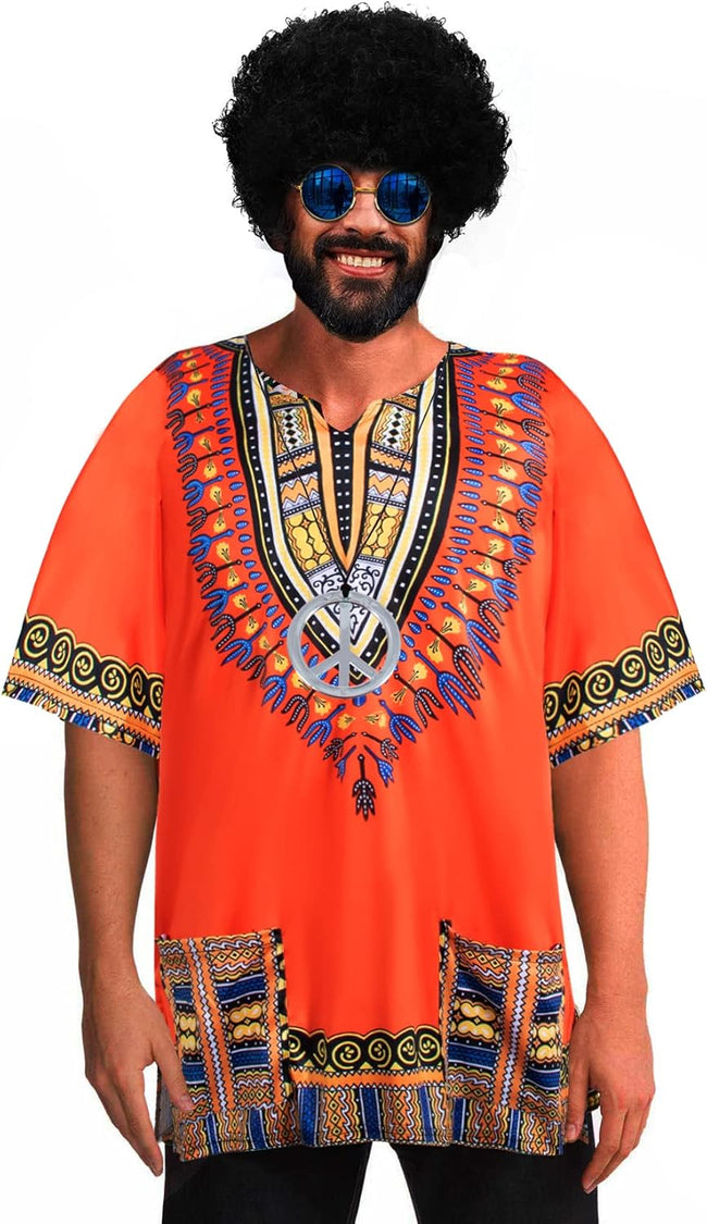 4 PCS Hippie Costume for Mens 60s 70s T-Shirt Afro Wig Accessories Set for Party Cosplay Main Image