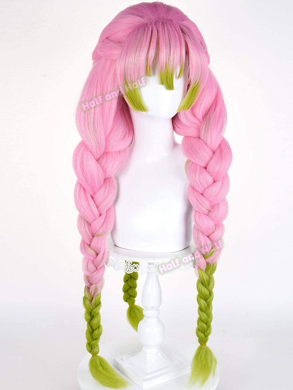 Mitsuri Cosplay Wig Pink and Green Braided Anime Wig with Bangs Mitsuri Kanroji Costume Wigs 35.4'' Synthetic Fiber Hair for Women Halloween Party