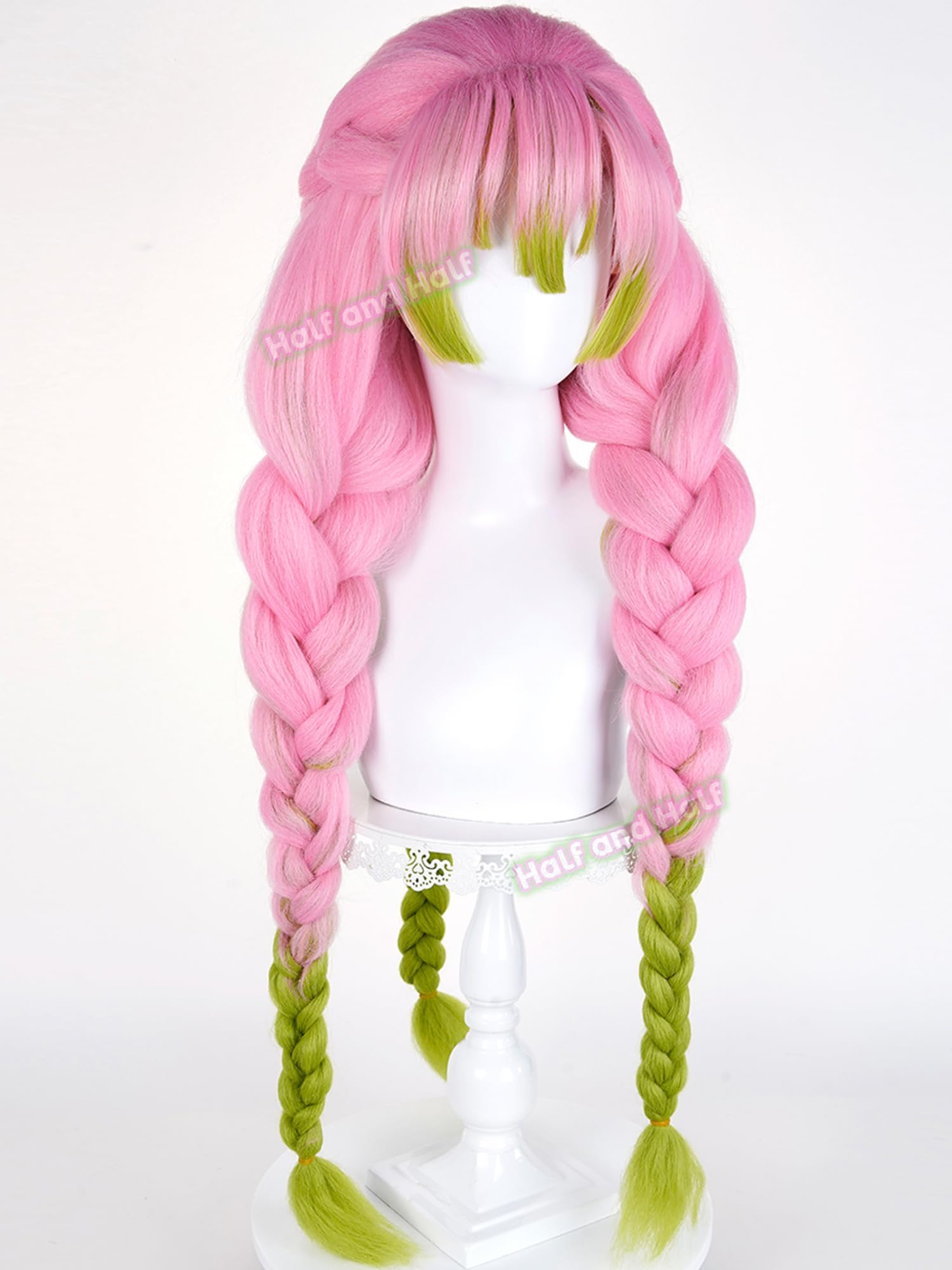 Mitsuri Cosplay Wig Pink and Green Braided Anime Wig with Bangs Mitsuri Kanroji Costume Wigs 35.4'' Synthetic Fiber Hair for Women Halloween Party